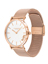 Rose gold watch with mesh band on a white background