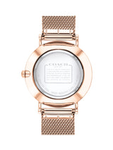 Rose gold watch with mesh band on a white background