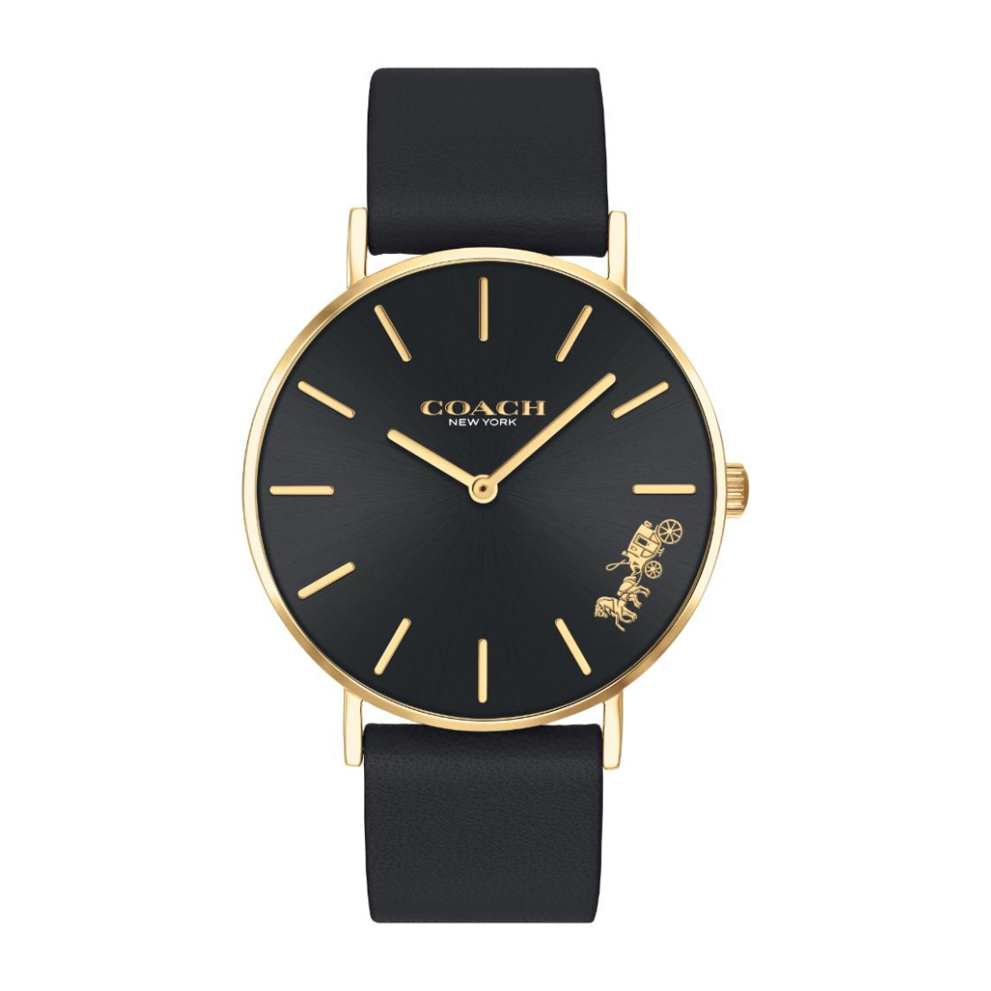 A Coach New York wristwatch with a black dial and black leather strap, featuring a gold-tone case, gold-tone hour markers, and the signature Coach horse logo on the lower right of the dial.