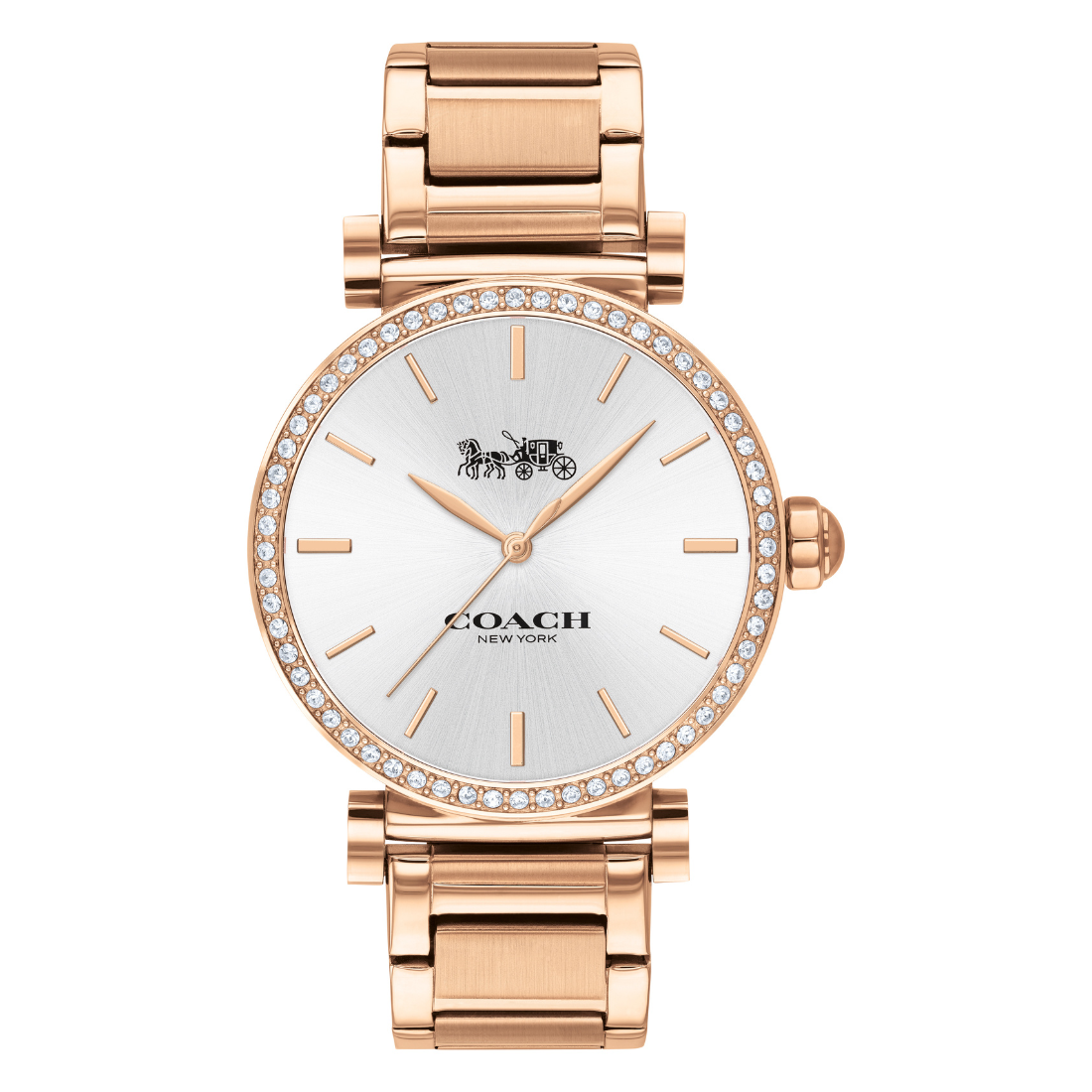 Rose gold Coach watch with a white face on a white background