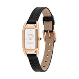 A Coach women's watch featuring a rectangular rose gold case, a white dial with gold-tone branding, and a slim black leather strap with a beige interior.