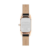 The back view of a Coach women's watch featuring a rose gold case and a light tan leather strap with black stitching.