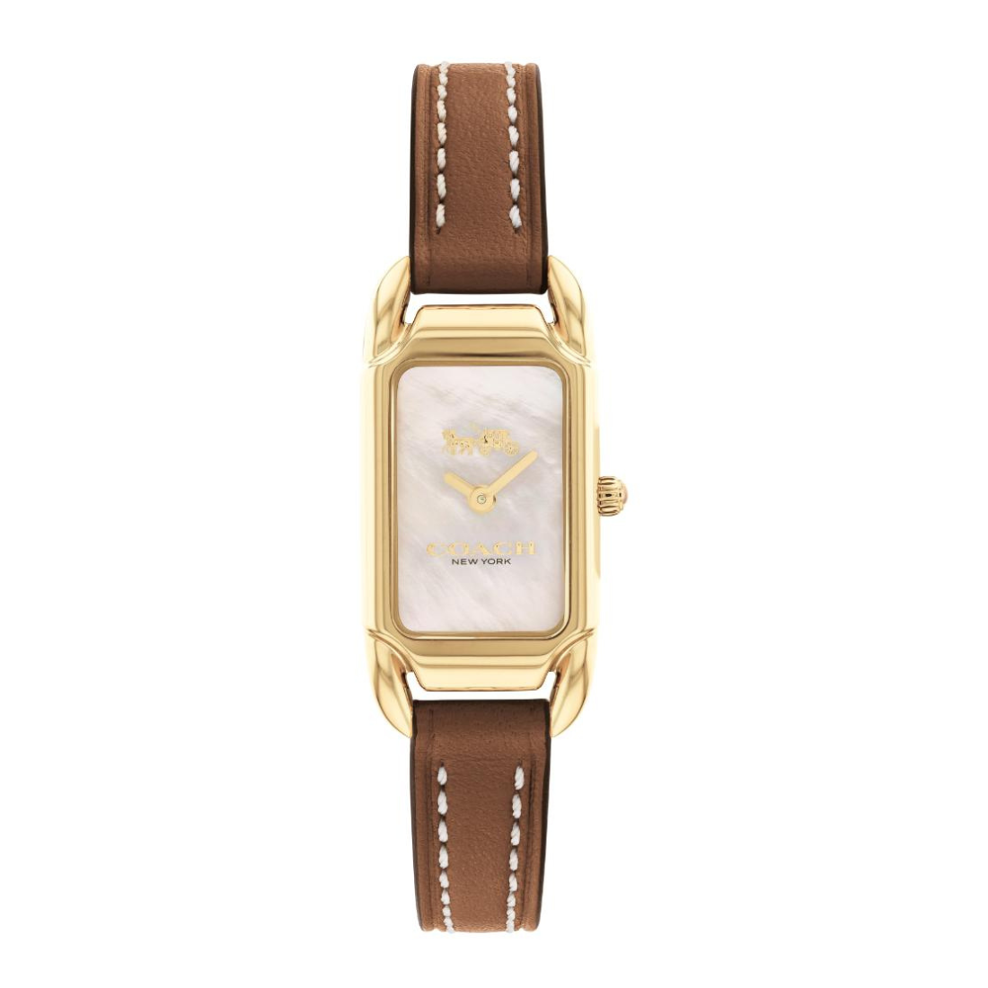 A New York & Company women's watch featuring a gold-tone rectangular case, a white mother-of-pearl dial, and a brown leather strap with white contrast stitching.