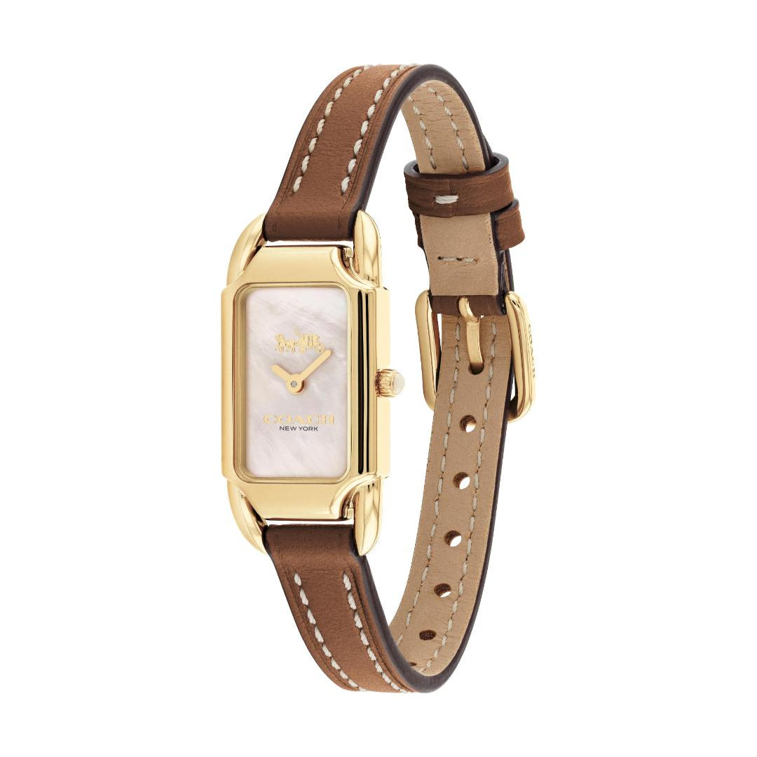 A women's rectangular analog watch with a gold-tone case, a white mother-of-pearl dial, and a brown leather strap with white contrast stitching, shown on a plain white background.