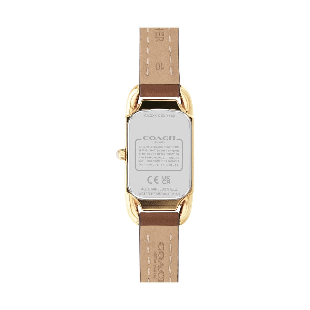 The back view of a Coach women's watch featuring a gold-tone case and a light brown leather strap with white stitching.