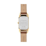 The back view of a Coach women's watch featuring a gold-tone case and a light brown leather strap with white stitching.