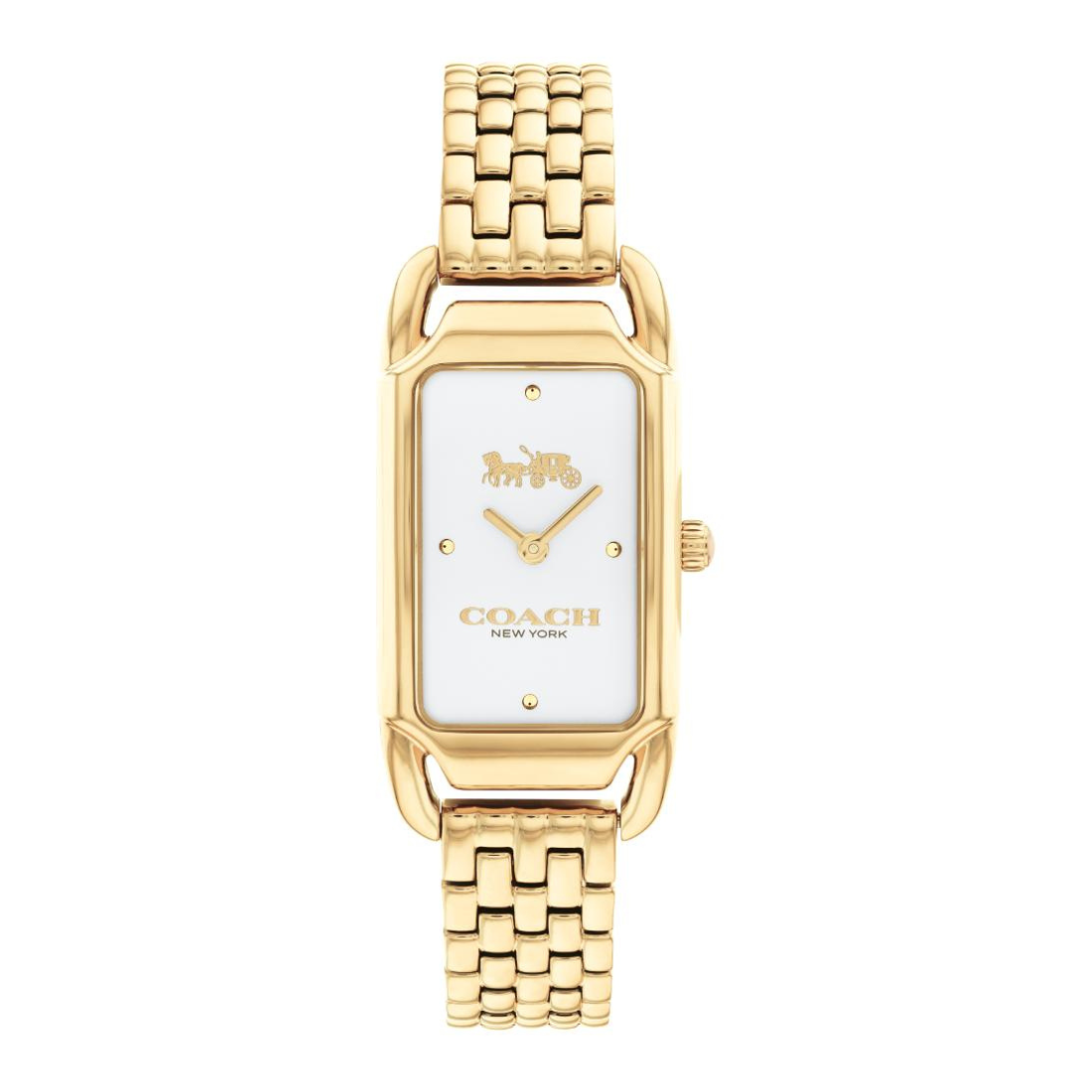 A Coach New York women's watch featuring a gold-tone metal case and link bracelet, a white dial with gold-tone hands and logo, and small crystal hour markers, shown against a plain white background.