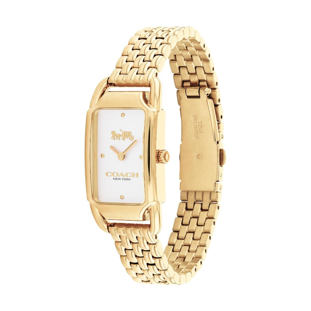 A Coach women's watch with a gold-tone rectangular case, white dial, and matching gold-tone mesh link bracelet, shown on a plain white background.