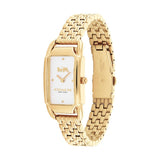A Coach women's watch with a gold-tone rectangular case, white dial, and matching gold-tone mesh link bracelet, shown on a plain white background.