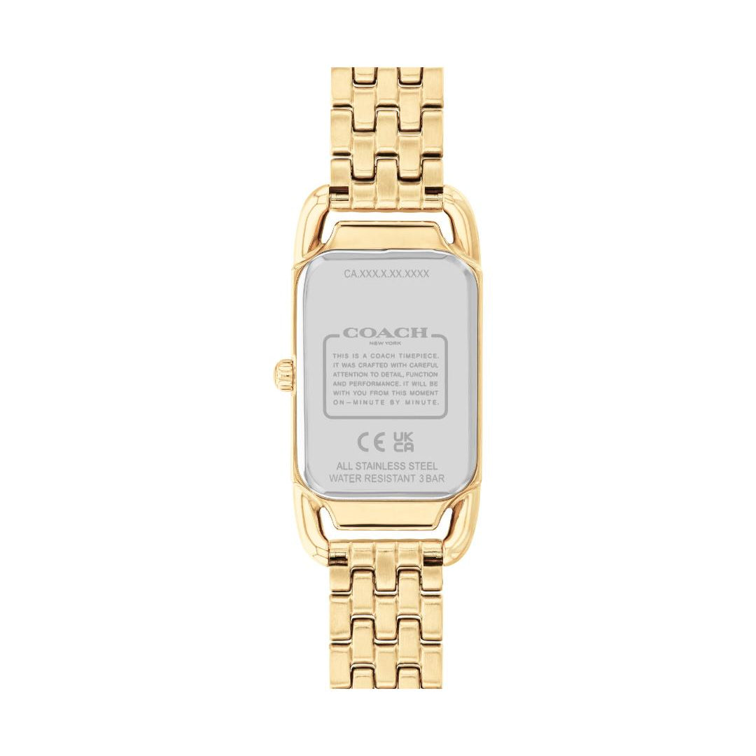 Gold-tone Coach wristwatch shown from the back, featuring a rectangular case and matching metal link bracelet on a plain white background.
