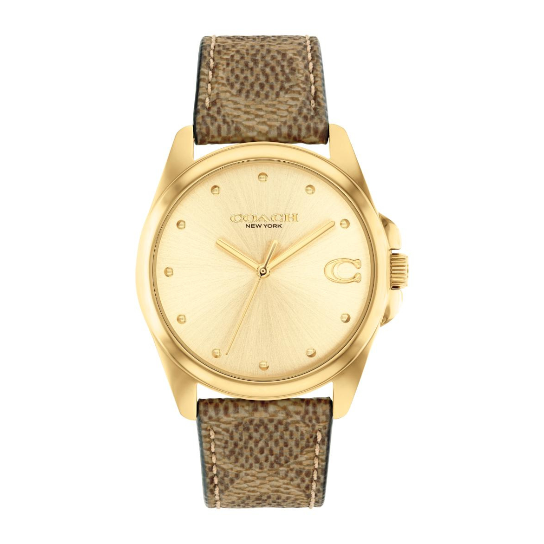 A gold-tone wristwatch with a textured brown leather strap, shown against a plain white background. The brand name 'CROCHET NEW YORK' is printed on the dial.