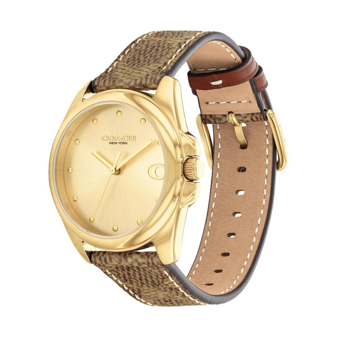 A women's analog watch by Onyx, featuring a gold-tone round case, gold-tone dial with hour markers, and a textured brown and beige woven strap with a brown leather underside and buckle.