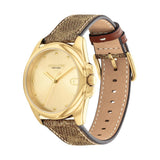 A women's analog watch by Onyx, featuring a gold-tone round case, gold-tone dial with hour markers, and a textured brown and beige woven strap with a brown leather underside and buckle.