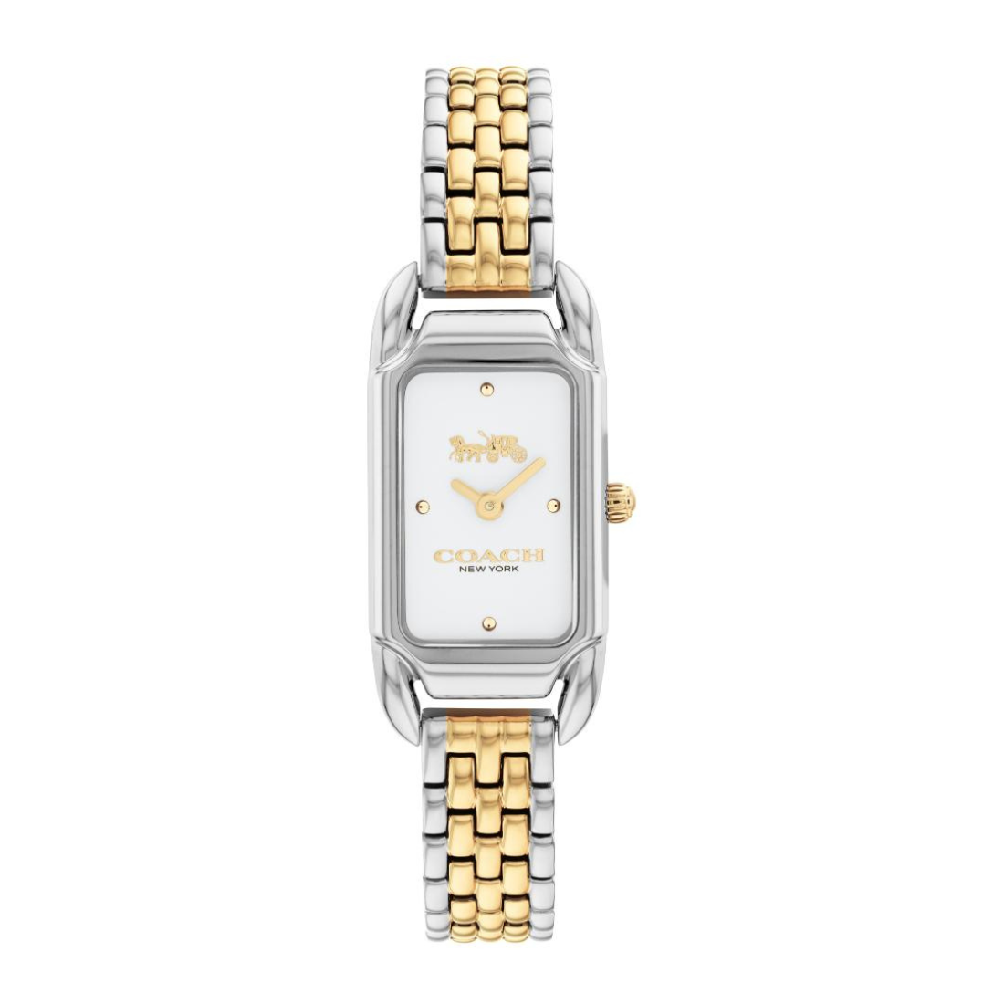 A Coach women's two-tone watch with a silver and gold-tone metal link bracelet, a silver rectangular case, and a white dial with gold details.