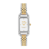 A Coach women's two-tone watch with a silver and gold-tone metal link bracelet, a silver rectangular case, and a white dial with gold details.