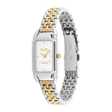 A Coach women's two-tone watch with a silver and gold link bracelet, a silver rectangular case, and a white dial on a plain white background.
