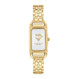 A Coach women's watch with a gold-tone metal case and signature 'C' logo link bracelet, featuring a white dial with a gold horse-and-carriage logo.