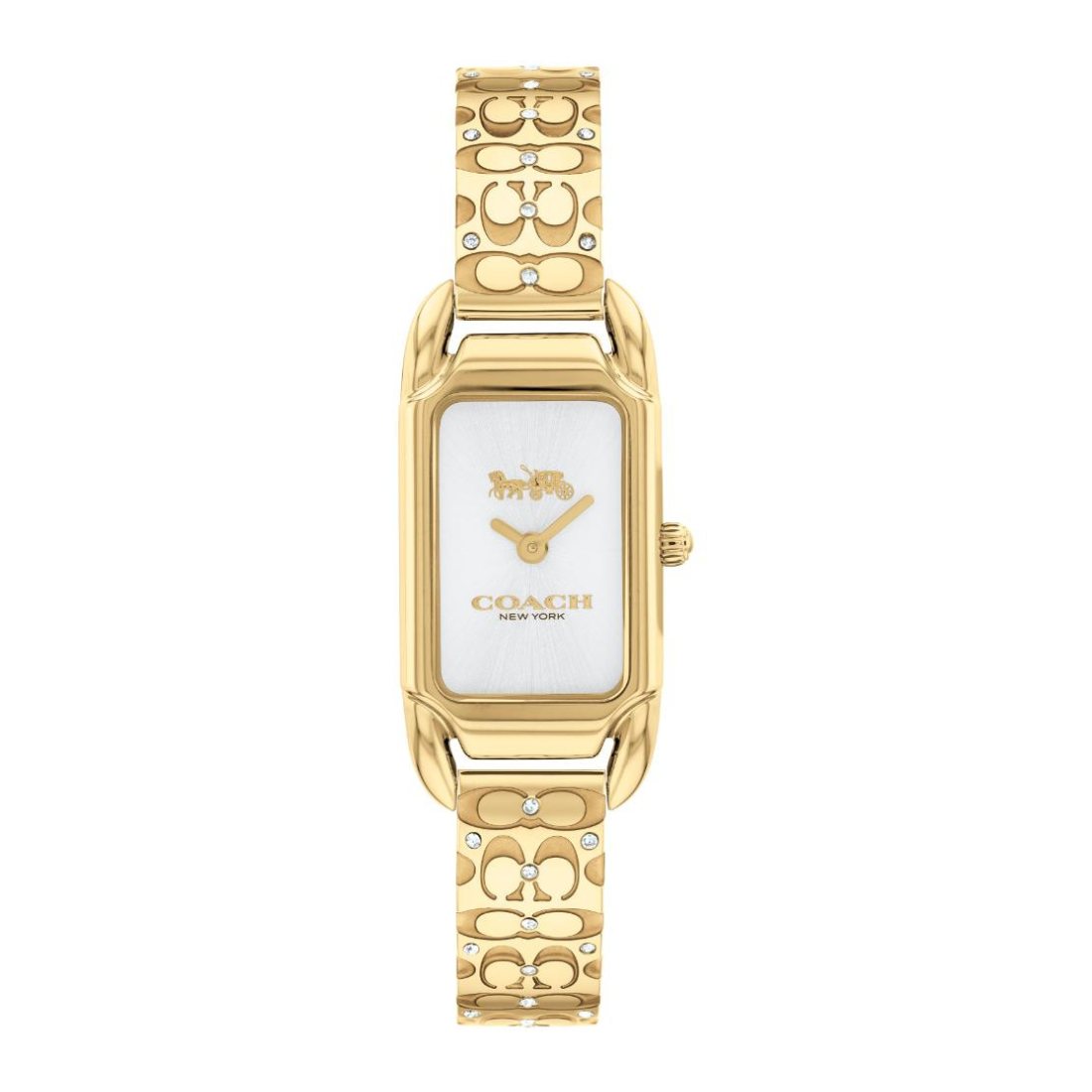 A Coach women's watch with a gold-tone metal case and signature 'C' logo link bracelet, featuring a white dial with a gold horse-and-carriage logo.