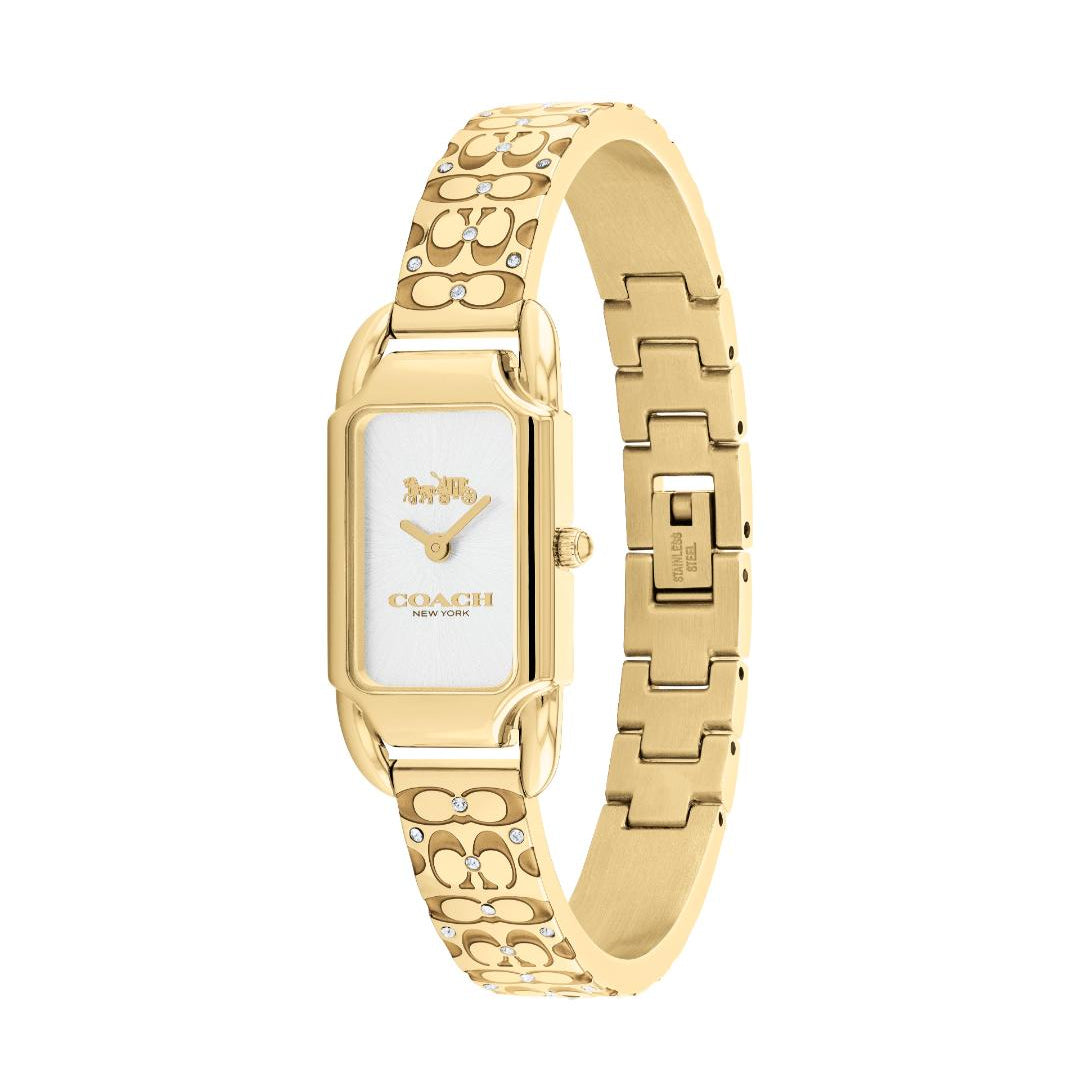 A gold-tone women's watch by Coach with a rectangular white dial and a matching gold-tone link bracelet featuring the signature Coach 'C' logo pattern.