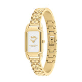 A gold-tone women's watch by Coach with a rectangular white dial and a matching gold-tone link bracelet featuring the signature Coach 'C' logo pattern.