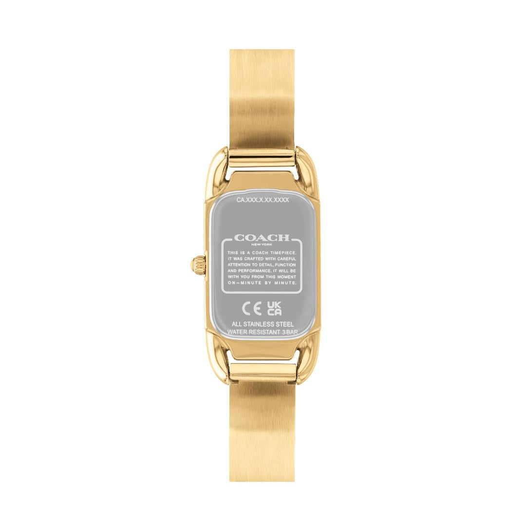 Gold-tone Coach women's watch shown from the back, featuring a rectangular case with a silver-toned backplate and a matching gold-tone metal link bracelet, isolated on a white background.