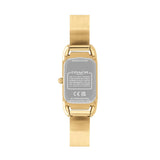 Gold-tone Coach women's watch shown from the back, featuring a rectangular case with a silver-toned backplate and a matching gold-tone metal link bracelet, isolated on a white background.
