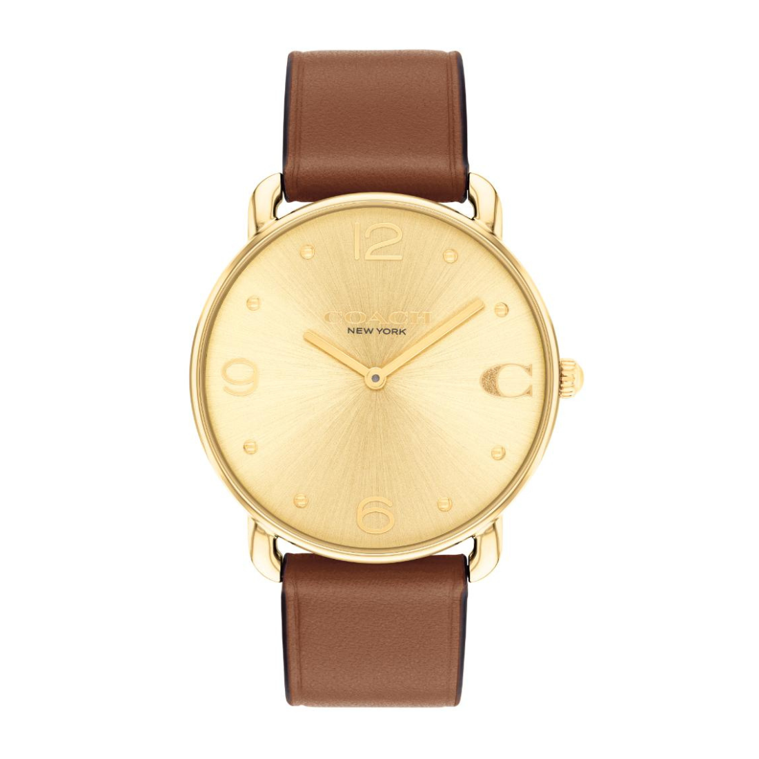 A women's analog watch featuring a round gold-tone case, a sunburst gold dial with minimalist Arabic numerals, and a smooth brown leather strap, shown against a plain white background.