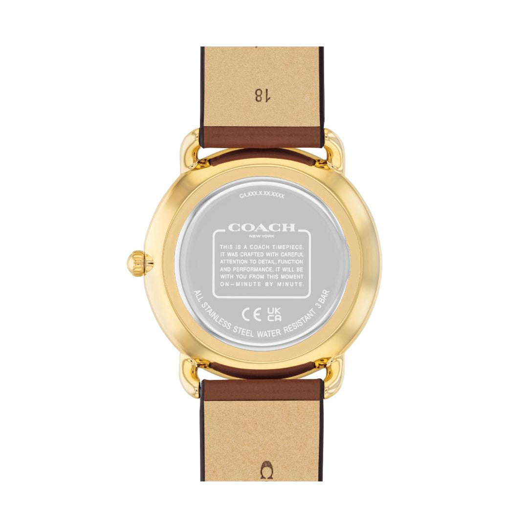 The back view of a Coach wristwatch with a gold-toned metal case and a brown leather strap, shown on a plain white background.