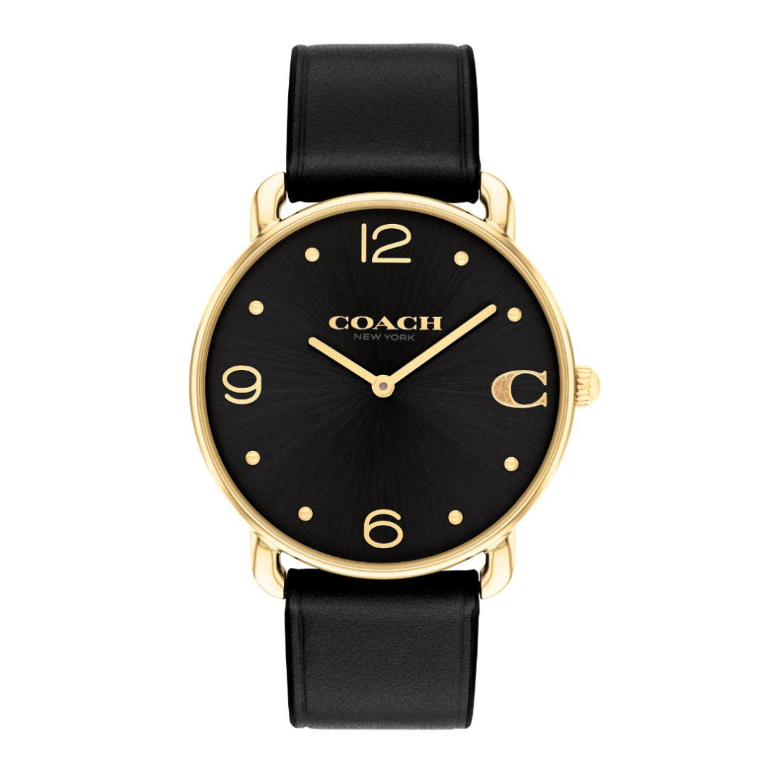 A Coach New York wristwatch with a black leather strap, black dial, and gold-tone case and markers, shown on a plain white background.