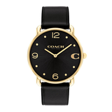 A Coach New York wristwatch with a black leather strap, black dial, and gold-tone case and markers, shown on a plain white background.
