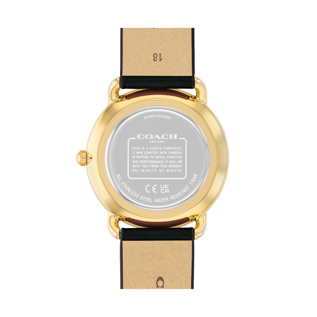 The back view of a Coach wristwatch with a gold-tone case and a black leather strap, showing the silver-toned backplate and brand name.