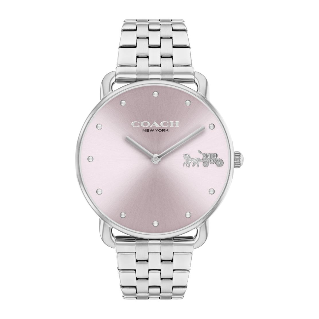 A Coach New York wristwatch with a silver stainless steel link bracelet and a round, brushed pink dial. The brand name 'COACH NEW YORK' is printed on the dial, along with the signature horse-and-carriage logo.