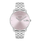 A Coach New York wristwatch with a silver stainless steel link bracelet and a round, brushed pink dial. The brand name 'COACH NEW YORK' is printed on the dial, along with the signature horse-and-carriage logo.