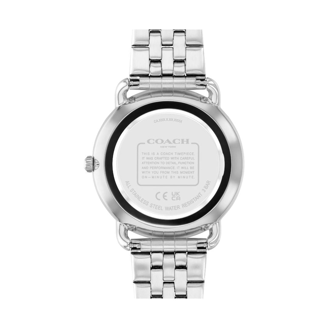 The back view of a Coach stainless steel watch with a round case and integrated link bracelet, showing the brushed metal interior and brand name.