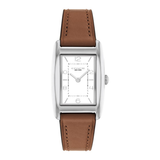 Watch with brown leather strap and silver case on white background