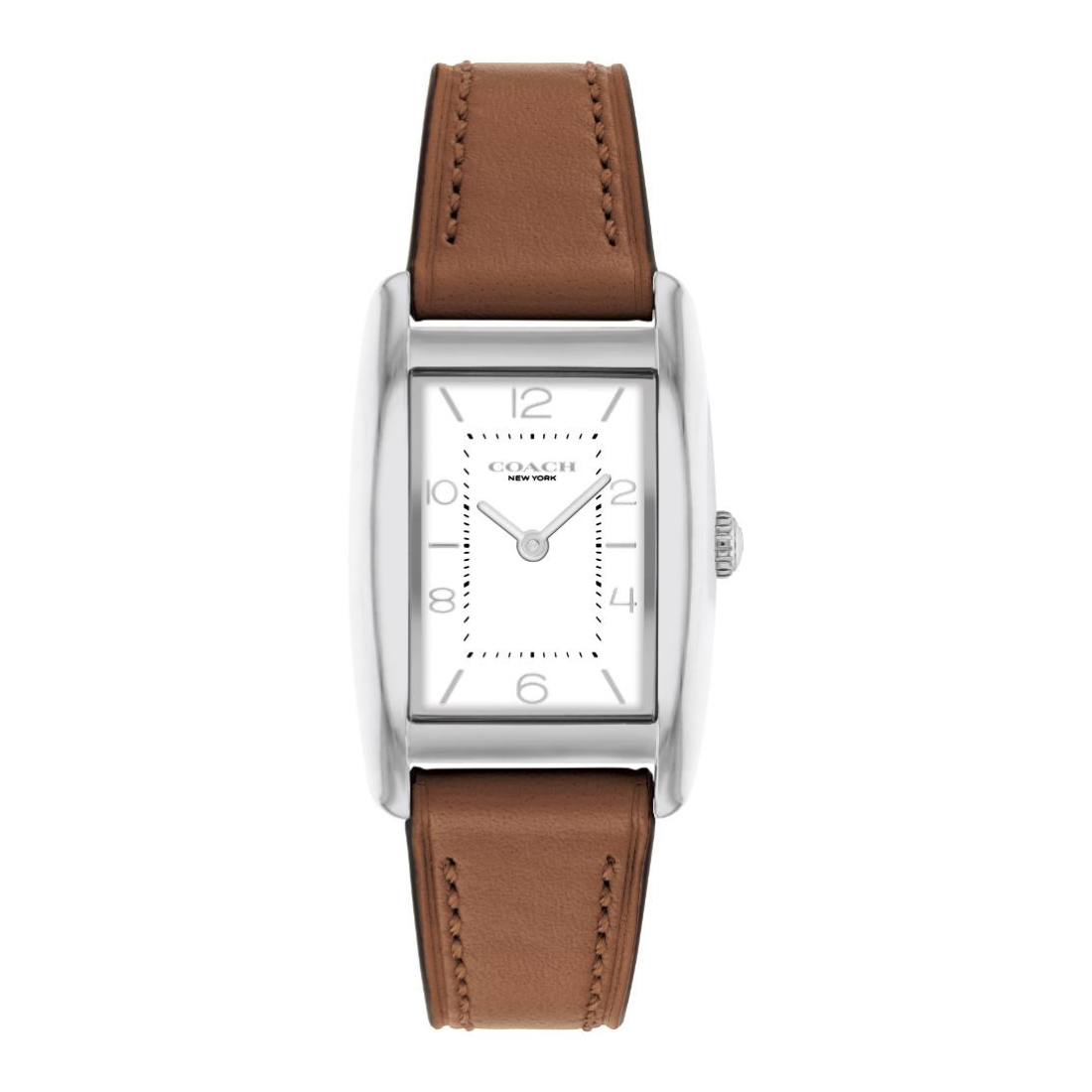 Watch with brown leather strap and silver case on white background