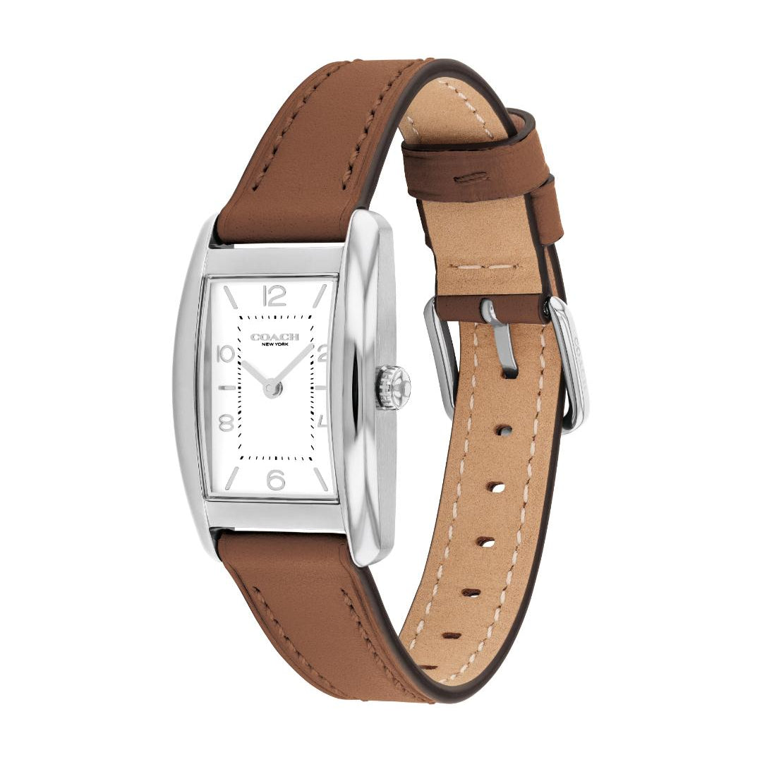 A Tissot women's watch featuring a silver-tone rectangular case, a white dial with simple black markings, and a brown leather strap with white contrast stitching.