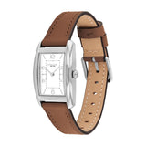 A Tissot women's watch featuring a silver-tone rectangular case, a white dial with simple black markings, and a brown leather strap with white contrast stitching.