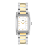 A COACH women's two-tone stainless steel and yellow gold watch with a white dial and crystal accents, shown against a plain white background.