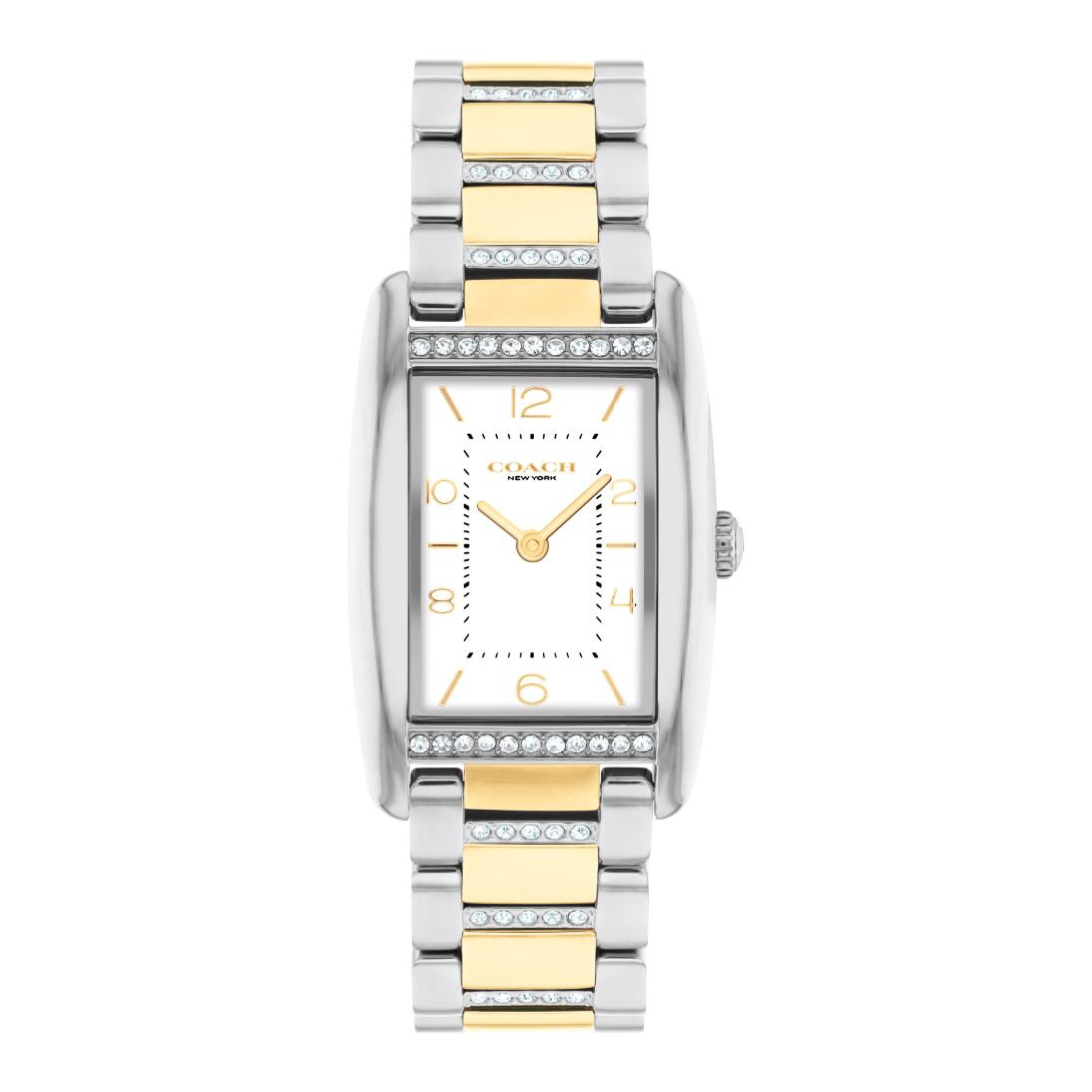 A COACH women's two-tone stainless steel and yellow gold watch with a white dial and crystal accents, shown against a plain white background.