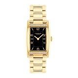 A Coach women's analog watch with a gold-tone rectangular case and bracelet, featuring a black dial with gold-tone markers and bezel-set clear crystals.