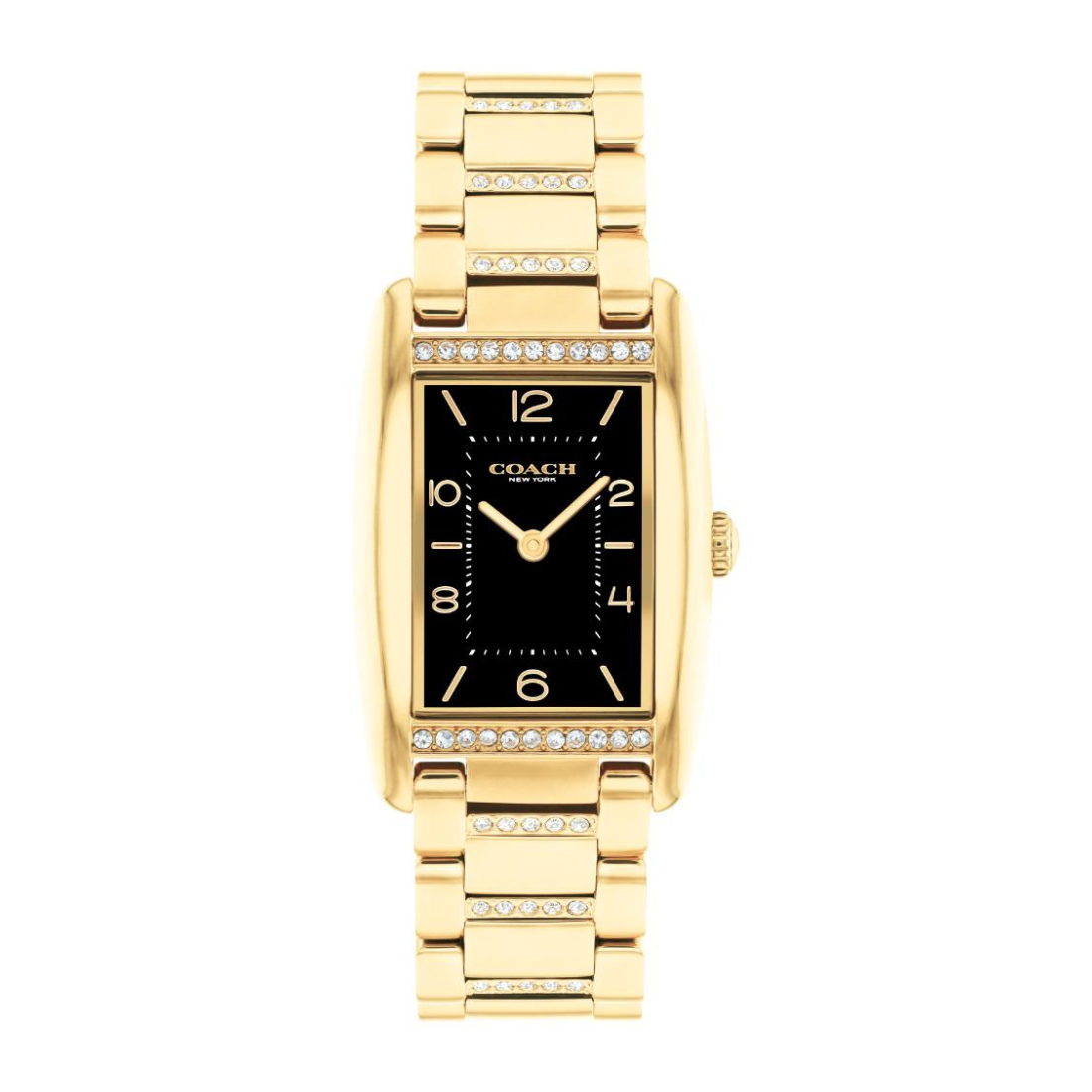 A Coach women's analog watch with a gold-tone rectangular case and bracelet, featuring a black dial with gold-tone markers and bezel-set clear crystals.