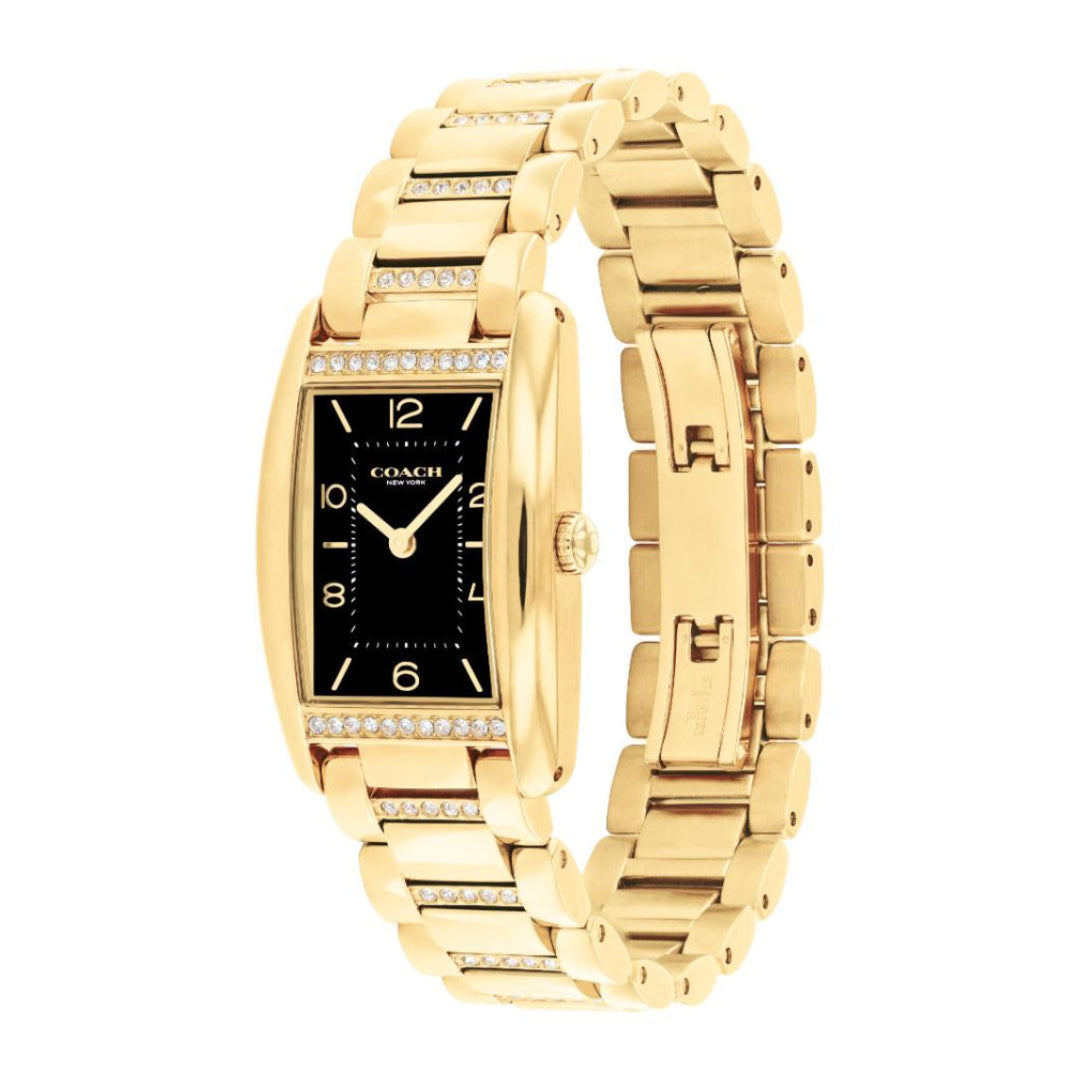 A Coach women's watch featuring a gold-tone rectangular case with a black dial, diamond accents along the bezel, and a matching gold-tone link bracelet.