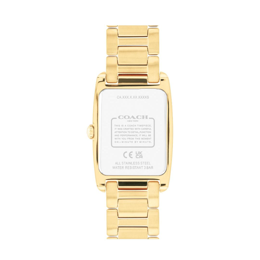 Gold-tone Coach women's watch shown from the back, featuring a rectangular case and integrated metal link bracelet on a plain white background.