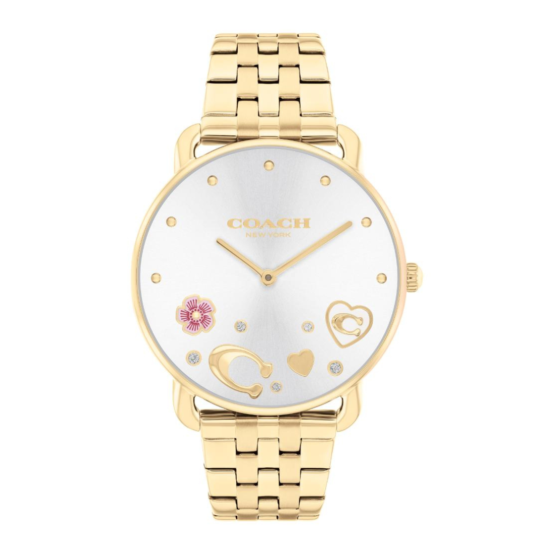 A Coach women's watch with a gold-tone metal link bracelet, a white dial, and gold-tone decorative elements including hearts and a pink flower.