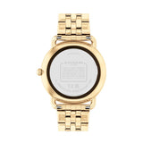 Gold-tone Coach wristwatch shown from the back, featuring a round case and matching metal link bracelet on a plain white background.