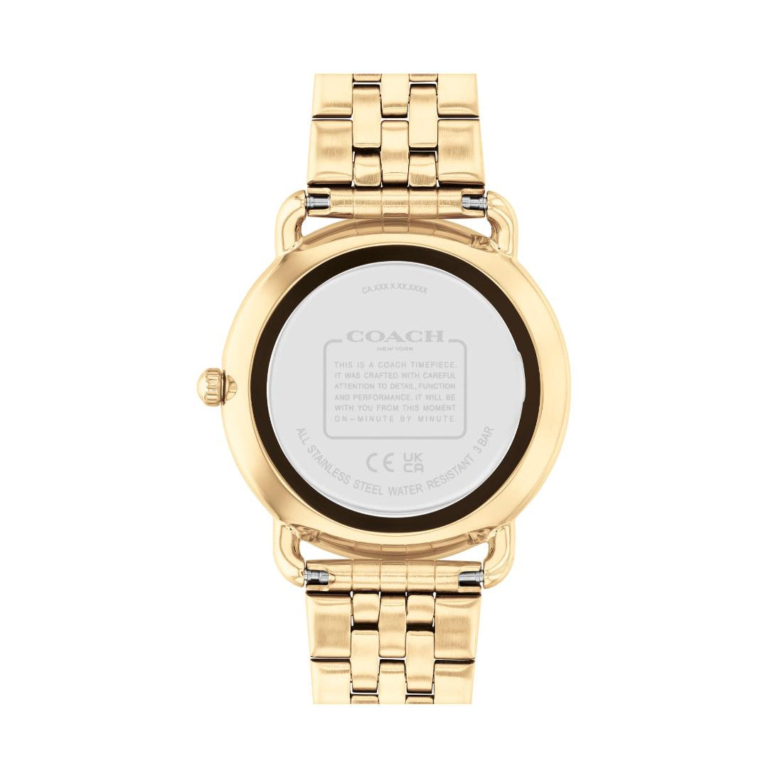 Gold-tone Coach wristwatch shown from the back, featuring a round case and matching metal link bracelet on a plain white background.