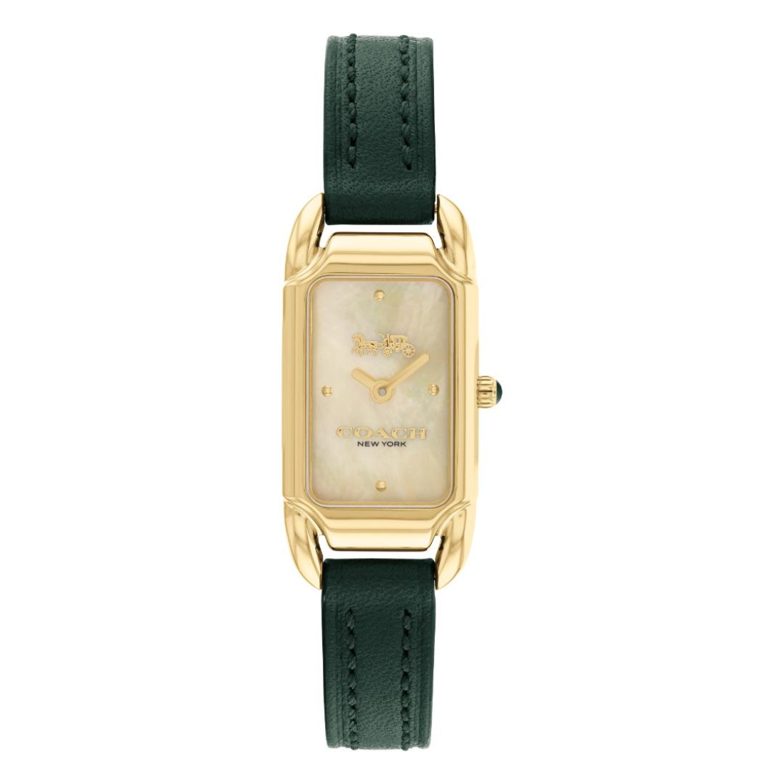 A KAVANAGH New York watch featuring a gold-tone rectangular case, a pearlescent mother-of-pearl dial, and a dark forest green leather strap, shown against a plain white background.