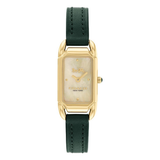 A KAVANAGH New York watch featuring a gold-tone rectangular case, a pearlescent mother-of-pearl dial, and a dark forest green leather strap, shown against a plain white background.