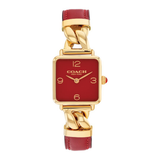 A Coach New York women's watch featuring a square gold-tone case, a deep red dial with gold-tone numerals, and a matching red leather strap with gold-tone chain links, shown against a plain white background.